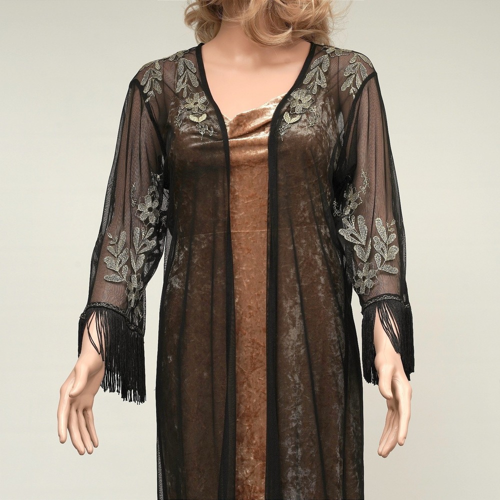 Black Sheer Mesh Duster Gold Floral Embroidered Fringe Kimono Cardigan Jacket